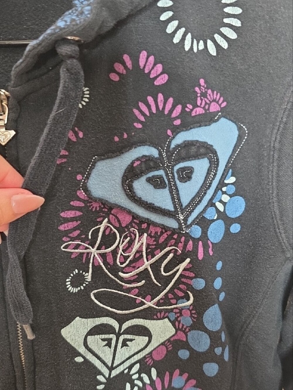 Roxy Full Zip Hoodie Black Graphic Womens Size Large Vintage Y2K Surf Grunge - Picture 10 of 16